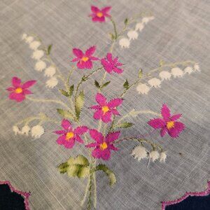 Handkerchief White Embroidery Scallop Edge Pink White Green Floral Cotton 1970s